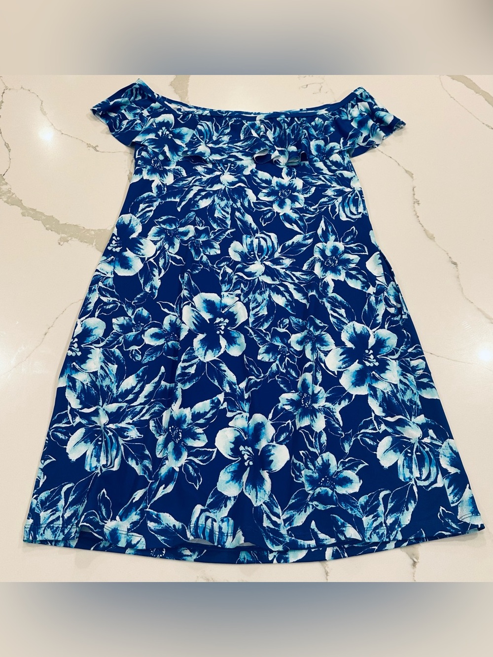 Tommy Bahama Blue Scrolls Short Off The Shoulder Dress Womens XS Floral Tropical